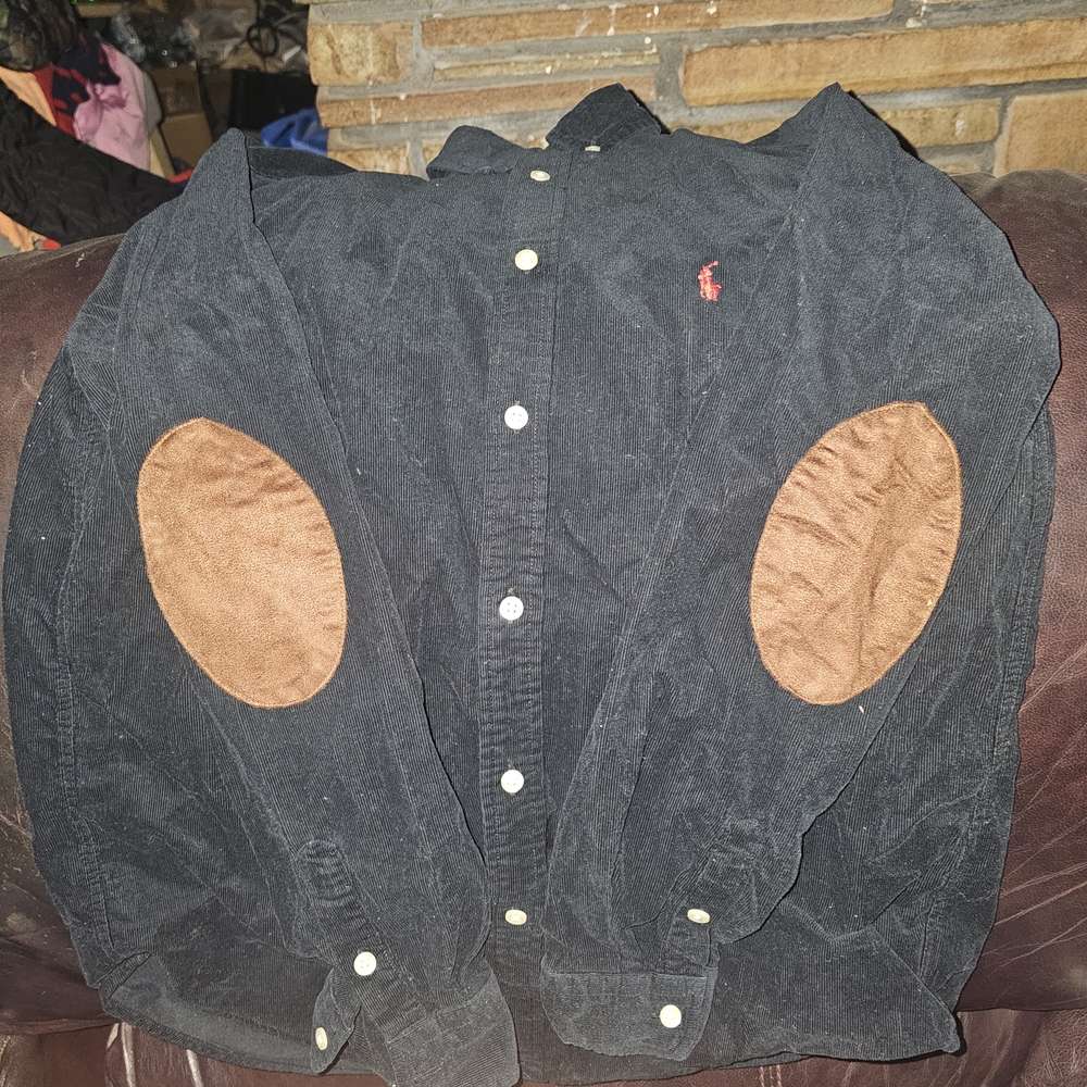 Polo Ralph Lauren Boys Black Corduroy Shirt Sz XL Button Elbow Patches $20obo